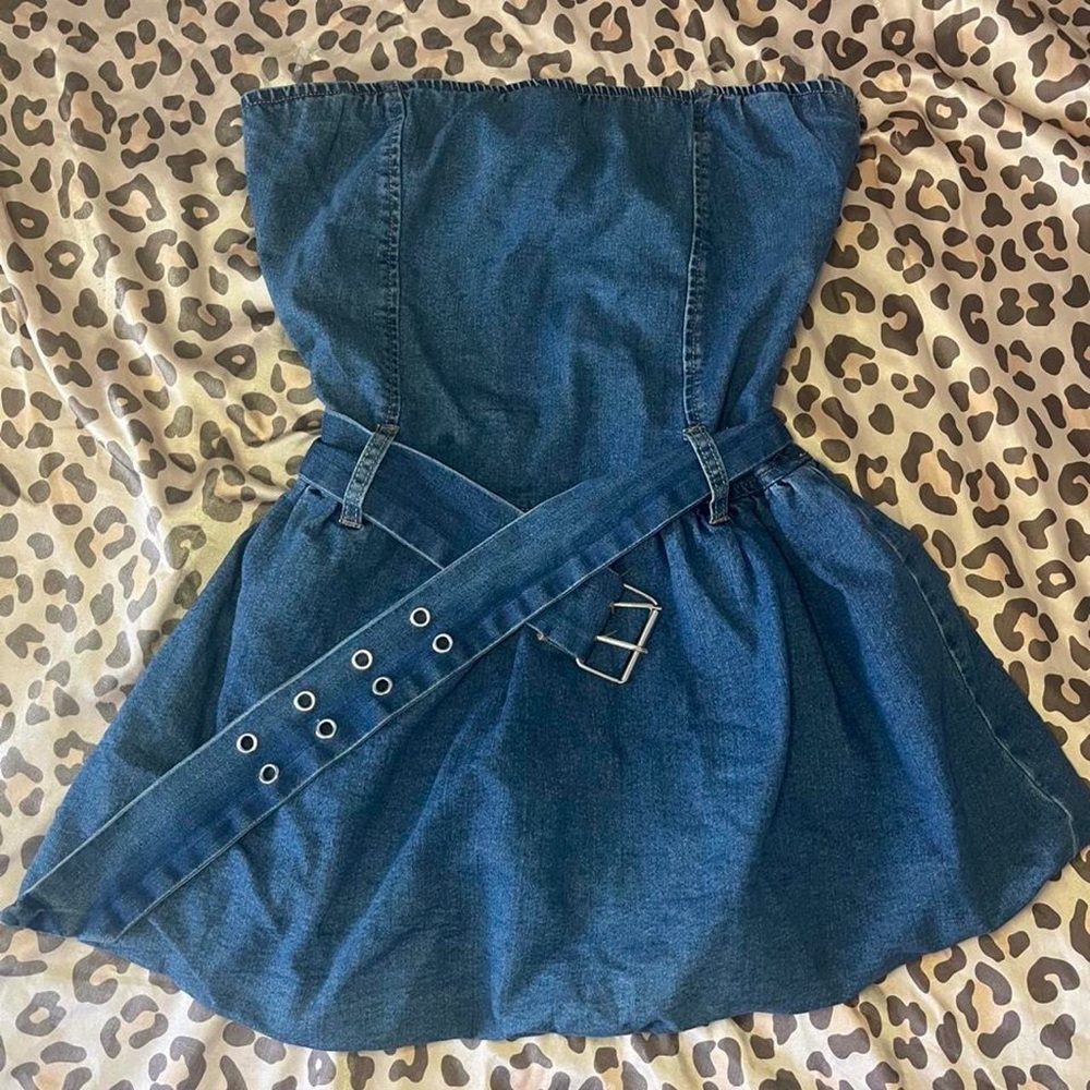 Denim Strapless Belted Kids Dress - Blue